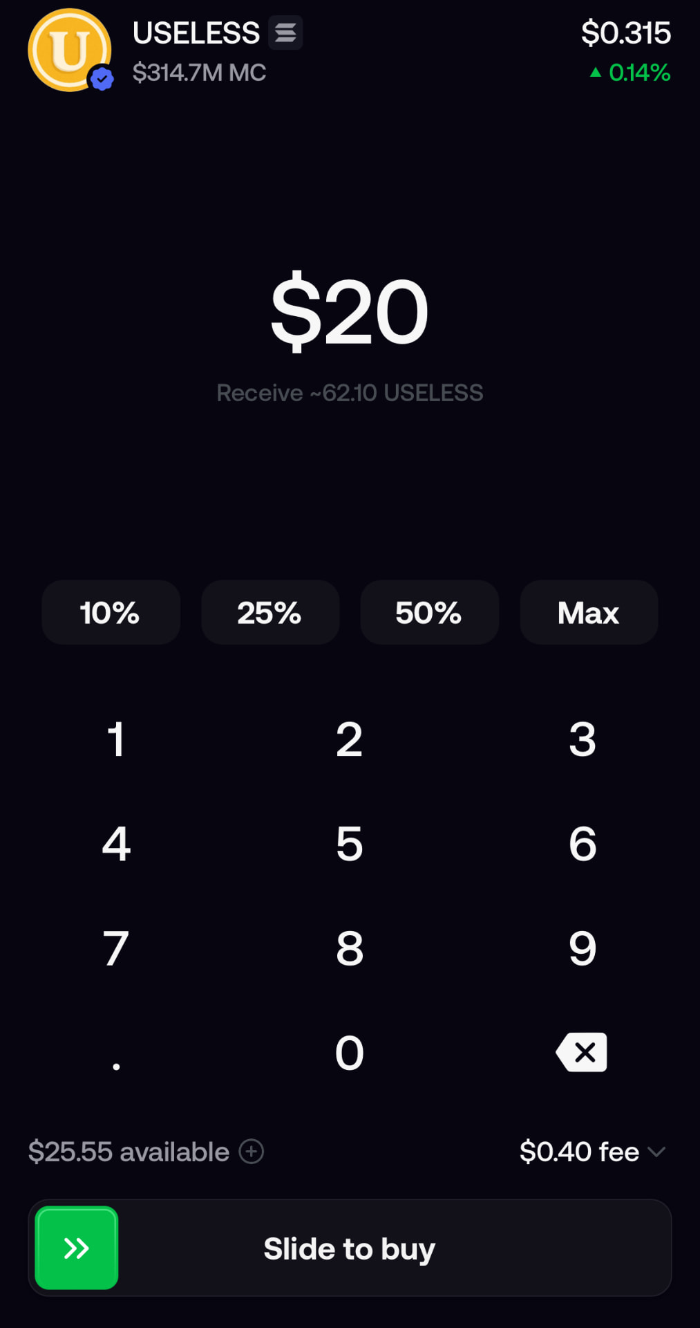 FOMO buy screen showing a $20 USELESS coin purchase